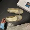 Zapatos de mujer de piel de oveja azules modelo nuevo 2026 con lazo, punta redonda, slip-on tipo rollo de huevo, bailarinas planas bajas