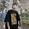 Camiseta de Manga Curta de Algodão Puro Hip-Hop de Rua Americana Masculina Verão Ins Marca Tendência Solta Estampa de Desenho Animado Camiseta Manga Três Quartos Tendência