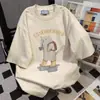 Camiseta de Manga Corta de Algodón Puro con Estampado Divertido de Gato de Marca de Moda 2025 Verano Casual Holgada Versátil para el Trabajo Top Resistente