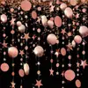 Festa de Aniversário Estrelas de Papel Redondas Douradas e Pretas Guirlanda Colorida Pentagrama Redondo de Espelho Decoração com Corda de Papel Adereços