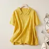 Top de algodão-linho jacquard para mulheres, estiloso para mães, nova moda de verão, tamanho grande, fino, solto, camisa versátil de manga curta