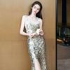 Vestido de Noite de Lantejoulas de Luxo Dourado Indústria Pesada Luxo Leve Alça Única Sereia Noiva Banquete de Noivado Cauda de Peixe Vestido para Brinde