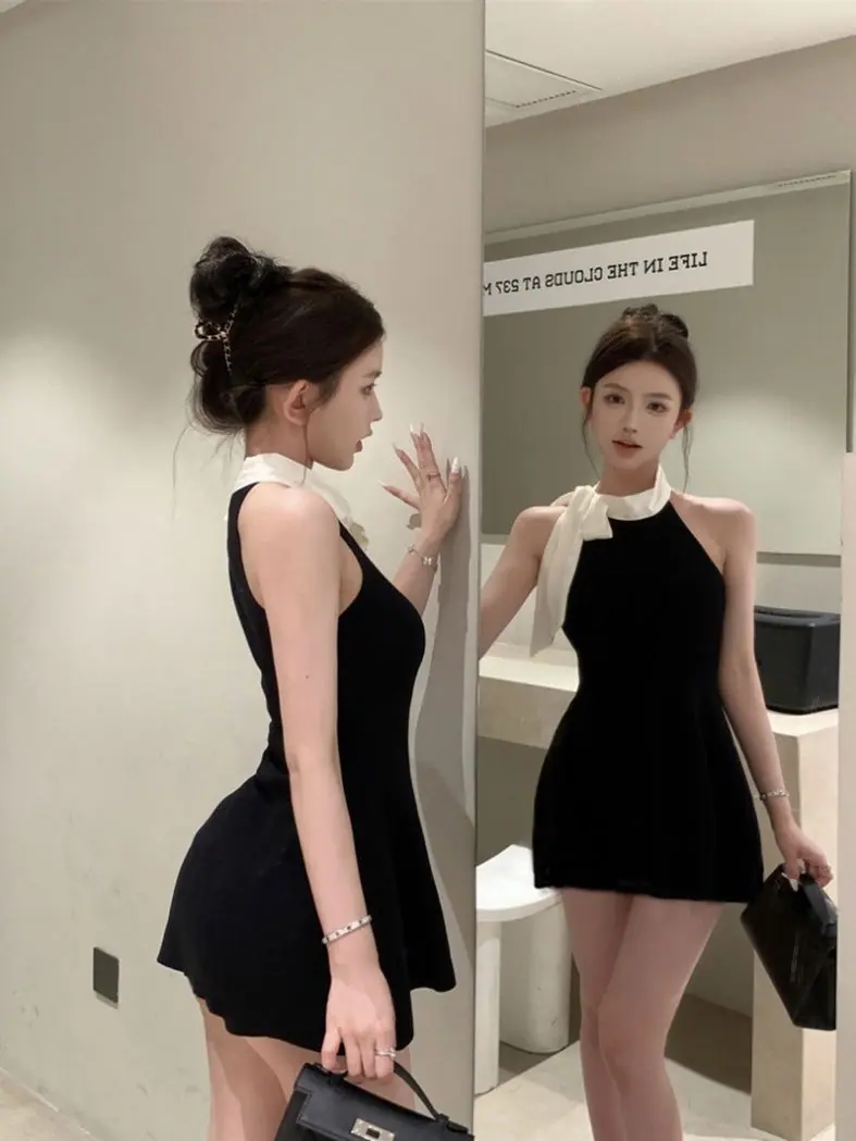 商品详情图_法式黑色无袖连衣裙女夏季新款超仙气质蝴蝶结显瘦短