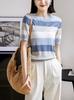 Comercio Exterior Reductor de Edad Moda Casual Rayas Informales de Punto Cuello Redondo Camiseta de Manga Corta Tops para Mujer Primavera y Verano 2024 Versátil