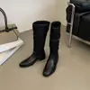 Botas Altas de Mujer Estilo Nuevo Otoño e Invierno Retro Patchwork de Cuero y Terciopelo Hebilla Punta Redonda Hasta la Rodilla Versátiles para el Trabajo