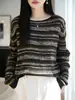 Patrón a rayas, estilo vintage, diseño atemporal, cuello redondo, lana de punto fino, manga larga, básico, efecto adelgazante, adecuado para primavera y otoño, uso diario