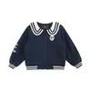 Conjunto Academia Azul Marinho para Meninas Outono Saia Curta Camiseta Listrada Versátil Calça Reta Jaqueta de Lapela Tendência