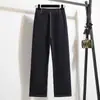 Foto Real de Pantalones de Punto Denim de Pierna Ancha Estrecha de Alta Calidad para Mujer, Estilo Otoño, Cintura Elástica, Pantalones de Pierna Recta, Pantalones Elásticos de Talla Grande para Mujeres Curvilíneas