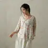 Estilo Literario Retro Chino de Lino Estampado con Botones Diagonales para Mujer, Temporada Primavera, Verano y Otoño
