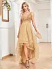 Vestido de Dama de Honor de Gasa Estilo Europeo y Americano con Doble Escote en V, Falda Larga, Sin Mangas, Corte A, Dobladillo Amplio, Lentejuelas, Vestido de Gala de Empalme de Alta Gama