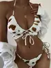 Nuevo Bikini Europeo y Americano Transfronterizo de Amazon para Mujer de Dos Piezas con Estampado de Vaca, Cuello Halter, Cordones, Abertura, Sexy, Tendencia