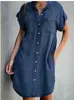 Estación independiente Amazon 2023 transfronterizo nuevo europeo y americano solapa manga corta corte ajustado vestido Vestido camisa de mezclilla mujer