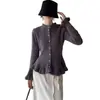 Cardigan Tricotado de Design Suave Estilo Francês com Borda Franzida para Mulheres, Casaco Suéter Grosso Emagrecedor que Marca a Cintura para Outono e Inverno, Elegante e Versátil