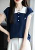 Playera de Solapa Bordada de Manga Corta para Mujer Verano 2025 Nueva Camiseta Básica Color Contrastante Estilo Extranjero Reductor de Edad Top de Punto para Mujer