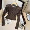 Camiseta Sexy de Manga Larga con Estampado de Leopardo para Mujer, Camiseta Corta Ajustada a la Cintura para Otoño/Invierno para Envío Transfronterizo
