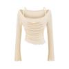 Camiseta de Manga Larga con Cuello de Columpio Suave de Deseo Puro Estilo Francés para Mujer, Top Base de Otoño Perezoso Relajado Ajustado