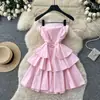 Vestido de pastel strapless con volantes, dulce y elegante, estilo francés, para mujer, adelgazante y favorecedor para figuras petite, ceñido a la cintura, sin mangas, línea A