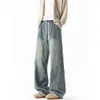Jeans Americanos Desestructurados Desgastados con Cordón para Hombre Marca de Moda Nuevos Sueltos Diseño Retro Cool Canalla Pierna Ancha Pantalones Largos