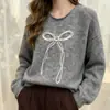 Nuevo jersey transfronterizo estilo europeo y americano 2026, sudadera simple y casual con lazo, cuello redondo, corte holgado, suéter de manga larga para mujer, adecuado para otoño e invierno
