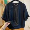 Nova Camisa Jacquard com Botão Estilo Chinês Manga Curta Diagonal Feminina Verão Retrô Nova Solta Elegante Simples Top Guofeng