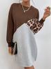 Amazon Comercio Exterior Transfronterizo Modelo Caliente Otoño e Invierno Nuevo Empalmado Cuello Redondo Media Longitud Estampado de Leopardo Sudadera Jersey Falda para Mujer