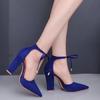 Estilo Coreano Primavera e Verão 2023 Bico Fino Comércio Exterior Tamanho Grande Camurça Salto Alto Cadarço Sapatos Femininos Salto Bloco Elegante Baotou Camada Única