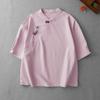 Foto Real de Novas Camisas de Algodão e Linho com Botões Coloridas Retro de Verão 2025, Camisetas Artísticas Zen para Chá