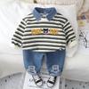 Roupas de bebê Primavera roupas infantis Colarinho jeans listrado Urso de mangas compridas calças de duas peças terno 1 ano de idade bebê menino moda