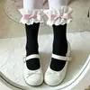 Meias Lolita de Algodão Estilo Japonês na Altura da Panturrilha, Meias Fofas para Meninas com Bolinhas e Laço, Meias Femininas Lisas com Barra de Renda em Estoque