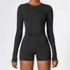 Top de Yoga com Gola Redonda e Manga Longa Costurada Mulher Toque Nude Secagem Rápida Slim Fit Cropped Camada Base Fitness Camiseta Esportiva de Manga Longa