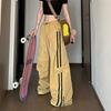 Pantalones de Pierna Ancha Distintivos Retro Estilo Americano para Calle Harajuku Bolsillo Rayado Amarillo Casual Pantalones Peto Suelto de Cintura Alta para Mujer