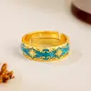Anillo Abierto Estilo Dunhuang Azul Lago Esmalte Patrón Hierba Tang para Hombres y Mujeres, Estilo Nacional de Nicho Accesorios Artísticos Retro Suministro al Por Mayor