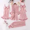 Pijamas de Boda para Mujer Conjunto de Cinco Piezas Primavera y Otoño Verano Seda Helada Tirantes Sexy Talla Grande Camisón de Luna de Miel Bata de Mañana Nupcial Este Año de Vida