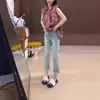 Jeans de Ocho Puntos Talla Grande para Mujer Verano Delgado Chica Gordita Pequeña Cintura Alta Adelgazantes Elásticos Borde de Carnero Tubo Recto Pantalones