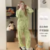 Pijama de primavera e outono para mulheres, de manga comprida, perna comprida, conjunto de cardigã floral doce estilo japonês, estilo coreano, moderno, com sutiã embutido, roupa de casa