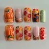 24 Peças/Conjunto Unhas Postiças Quadradas Longas Laranja Abóbora Folha de Bordo Design de Bolota com Pingente 3D Unhas Postiças Reutilizáveis Unhas de Colar para Mulheres Meninas Ação de Graças Outono Holiday de Outono
