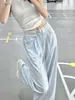 Pantalones anchos de encaje patchwork a rayas para mujer, nuevo modelo verano 2026, cintura alta, holgados, adelgazantes, pantalones rectos casuales
