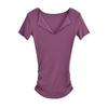 Camiseta de manga corta para mujer, sexy, de color sólido, con puños, escote en V y dobladillo plisado, ideal para verano de 2023