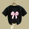 2413# Camiseta de Manga Curta com Laço para Meninas Verão Novo Estilo Coreano para Meninas Versátil Algodão Puro Média e Grande Camiseta de Meia Manga Infantil para Crianças