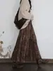 Saia longa plissada de veludo grosso estilo chinês retrô estampada, saia longa feminina, cintura alta elástica, versátil