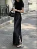 Falda Midi de Encaje de Alta Gama Estilo Francés con Empalmes de Acetato Negra para Mujer, Falda Cruzada de Satén Adelgazante de Cintura Alta para Verano