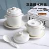 Olla de Cerámica de Doble Capa para Estofado Borde Dorado Hotel con Tapa Dobles Tapas Dobles Asas Tazón para Estofado de Nido de Pájaro Olla Interior Taza para Huevo al Vapor Olla para Estofado Tazón Pequeño para Sopa