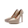 Tacones altos de punta 1263-1 de charol nude, elegantes y con estilo, con plataforma impermeable y tacón delgado, cómodos para usar durante períodos prolongados y con una abertura poco profunda.