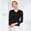 Huaye Verano Nuevo Camiseta Base de Seda de Manga Larga para Mujer Camiseta de Encaje Sexy Cuello en V Top de Punto de Seda de Morera Acetato