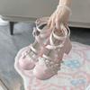 Sapatos de Couro Pequenos Fofos Versáteis com Laço Salto Alto Bico Redondo Ballet Sapatos de Couro Pequenos Lolita Sapatos de Couro Mary Jane Princesa Jk