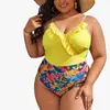 Nuevo Traje de Baño Europeo y Americano con Pliegues Volantes Costuras de Tirantes Estampado para Mujer de una Pieza Sexy Talla Grande