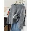 Suéter de estilo coreano retro simple holgado estilo perezoso de color mixto para mujer, cuello redondo, manga larga, jersey de punto para mujer, prenda exterior para superponer