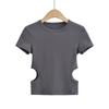 Estilo europeu e americano Sexy Hollow Off-waist Camiseta de manga curta feminina 2023 Verão Novo estilo Spice Girl Slim-fit Gola redonda Slim-fit Top