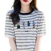 Verano Tencel Lyocell Tejido Manga Corta Mujer Cuello Redondo Rayado Bordado Holgado Media Manga Camiseta Capa Base