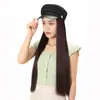 Peruca de chapéu azul-marinho extra longa e grossa, peruca de chapéu com cabelo longo e liso integrado